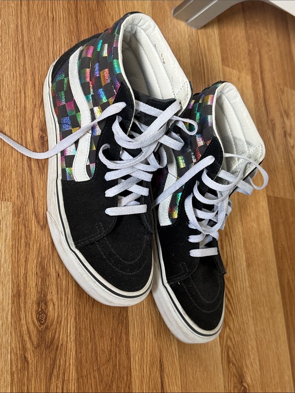 Used Vans Old Skool Black Sneakers with Holographic Check Panel